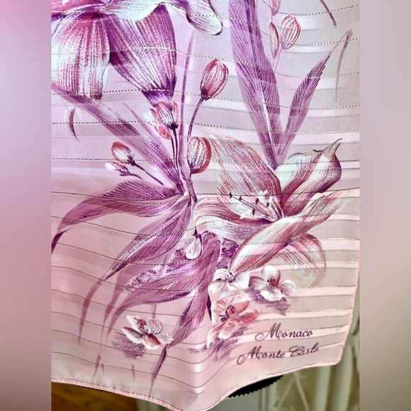 Vintage 1970s Scarf Sheer Oblong:  Monaco Monte Carlo Printed, Pink Rose Floral - Picture 7 of 15